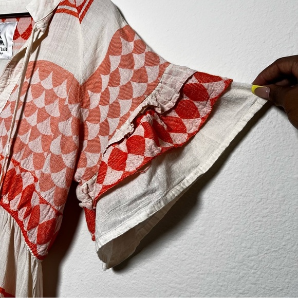 Pearl & Caviar Women Dress M/L Orange Tan Tiered Boho Short Sleeve Green Cottage - Picture 2 of 9